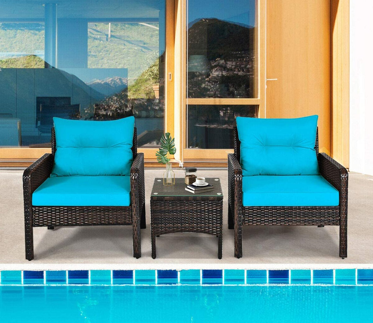 Dark Brown Rattan And Wicker 2 Seater Set With Table And Cushions