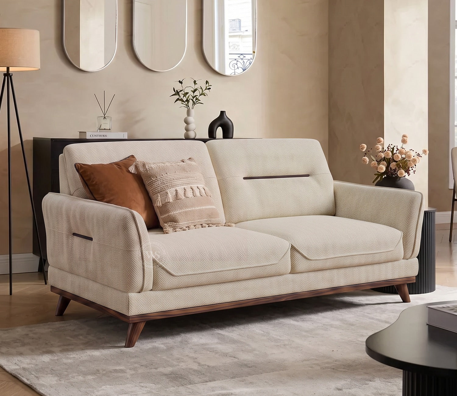Alvaro 3 Seater Fabric Sofa with Wooden Accents (Cotton, Cottage Ivory)