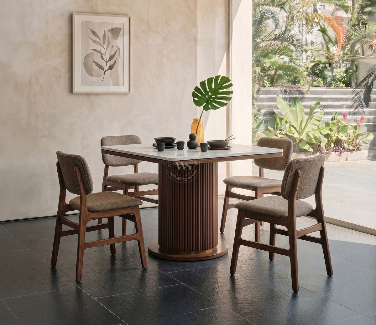 Samanvi 4 Seater Sheesham Wood Dining Table Set with Saumik Marble Top Table and Vinara Chair (Sand Brown)