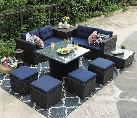 Dark Brown Rattan And Wicker 8 Seater Outdoor Furniture Set With Table And Blue Cushions