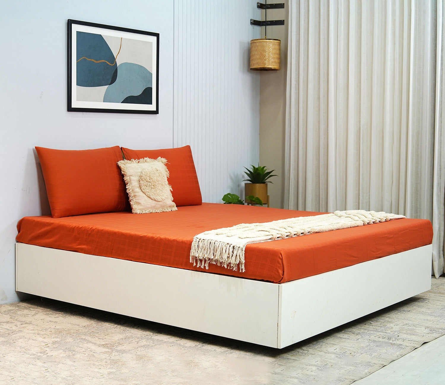 Vegan Dobby Organic Bamboo King Size Bed Sheet with 2 Pillowcases (Orange)