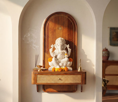 Shoonya Sheesham Wood Home Temple with Brass Detailing and Cane Accents (Teak Finish)