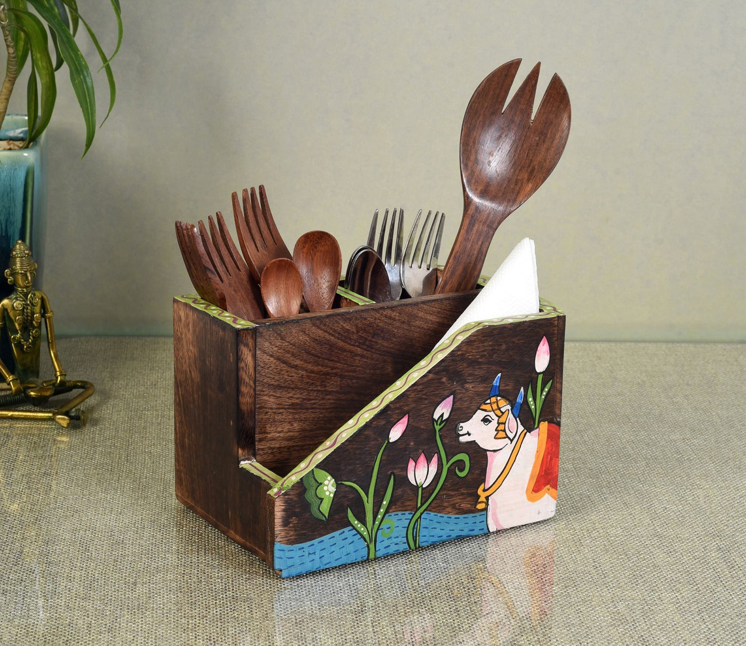 Pichhwai Dhenu Wooden Cutlery Storage Stand