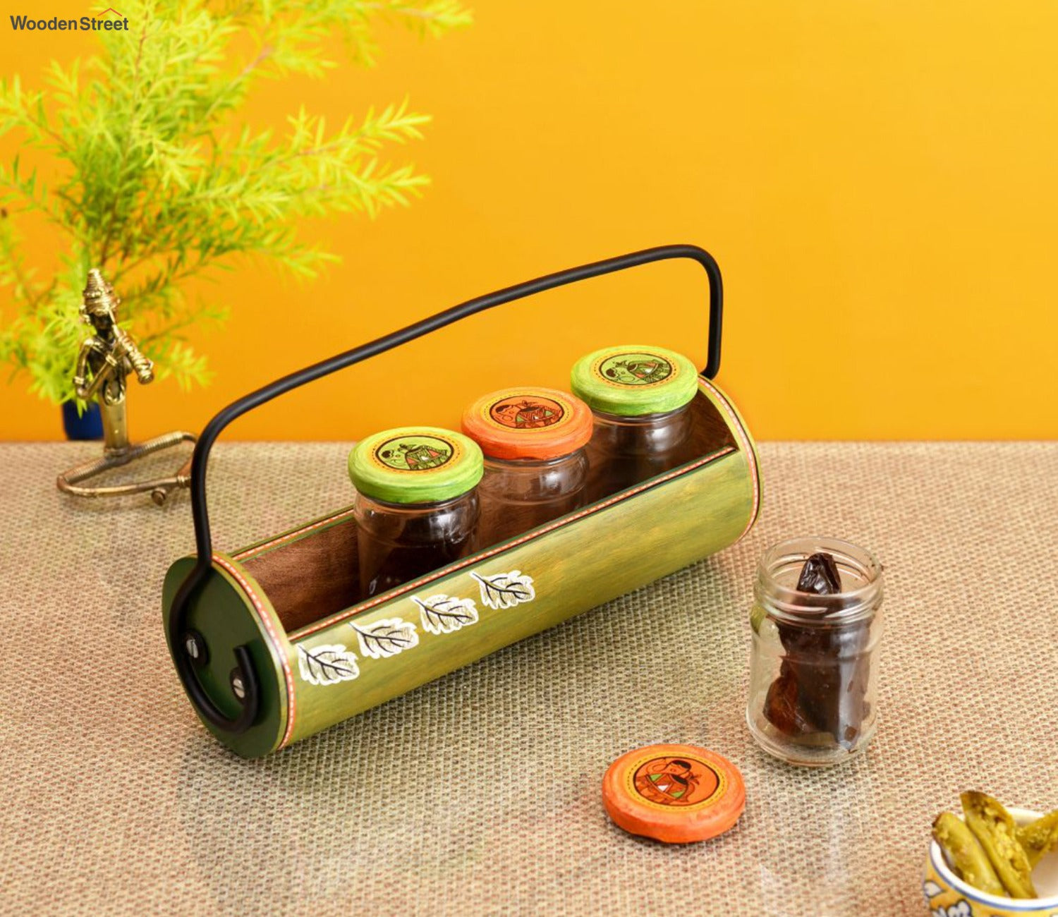 Lemon Green Glass Jars With Wooden Stand
