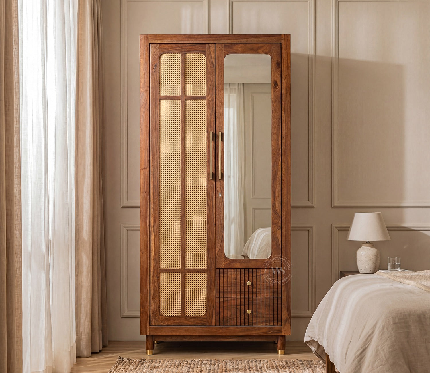 Rida Sheesham Wood Wardrobe with Elegant Cane Detailing and Mirror (Teak Finish)