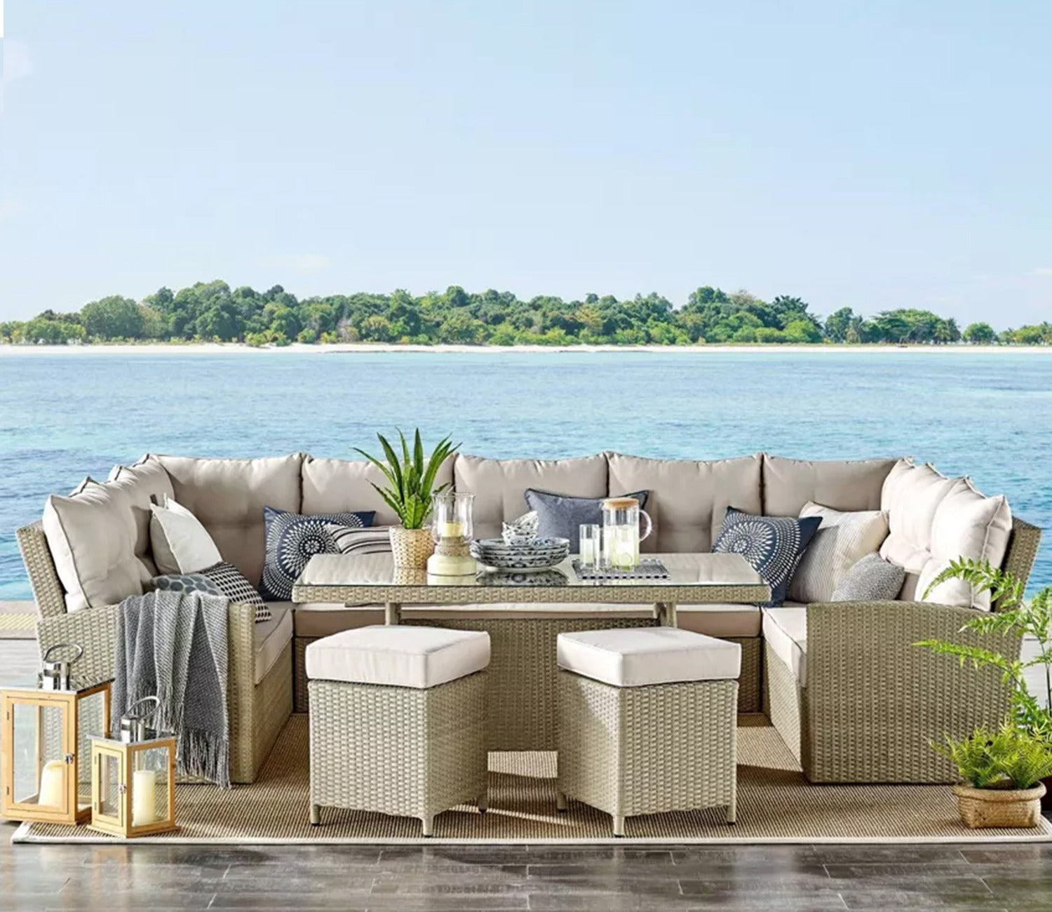 Beige Rattan And Wicker Patio Set With Table And Off White Cushions