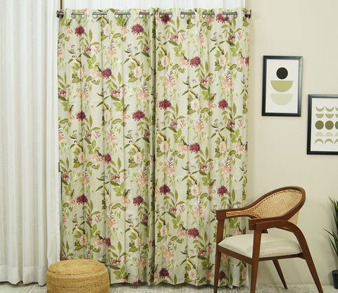 Bird Light-Filtering Door Curtains Set of 2 (Light Green, 7 Feet)