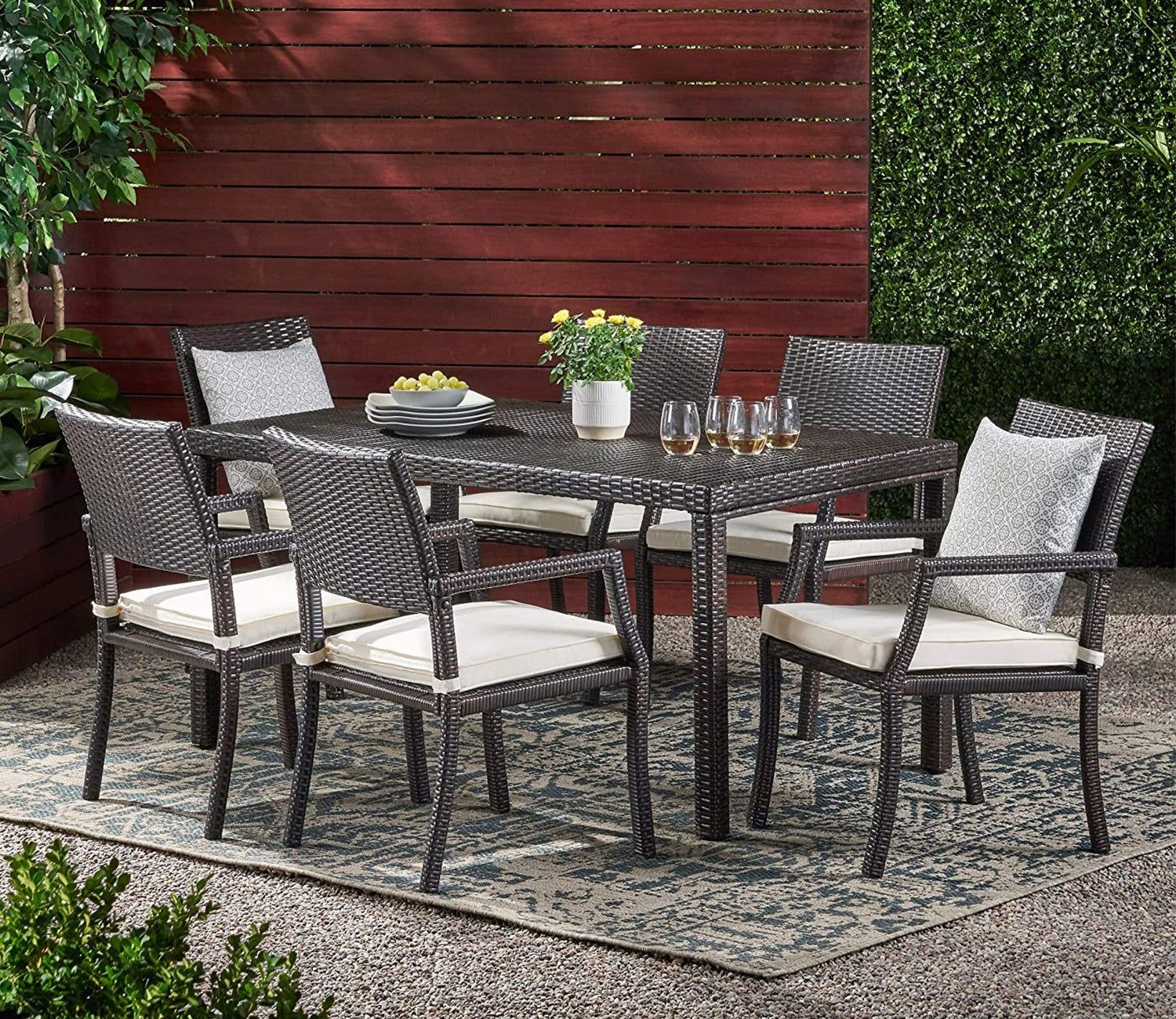 Dark Brown Rattan And Wicker Dinning Set With Cream Cushions