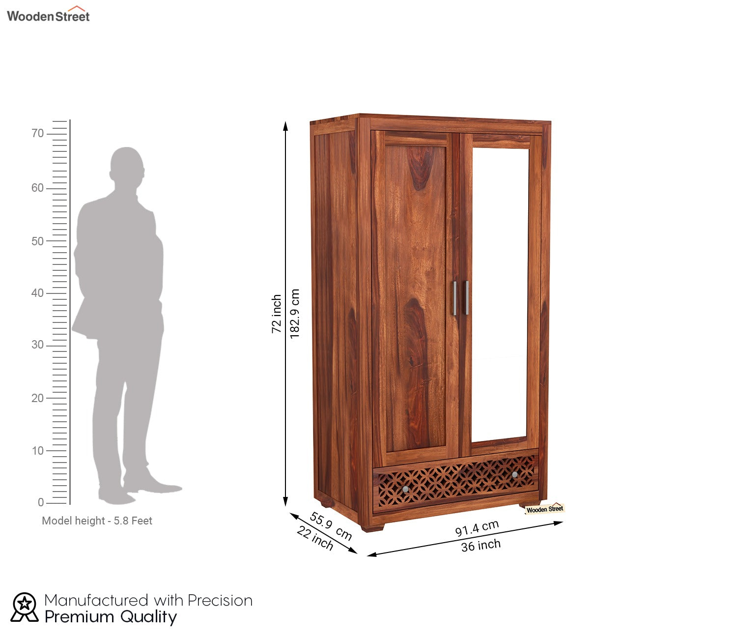 Cambrey Sheesham Wood 2 Door Wardrobe with Mirror (Honey Finish)