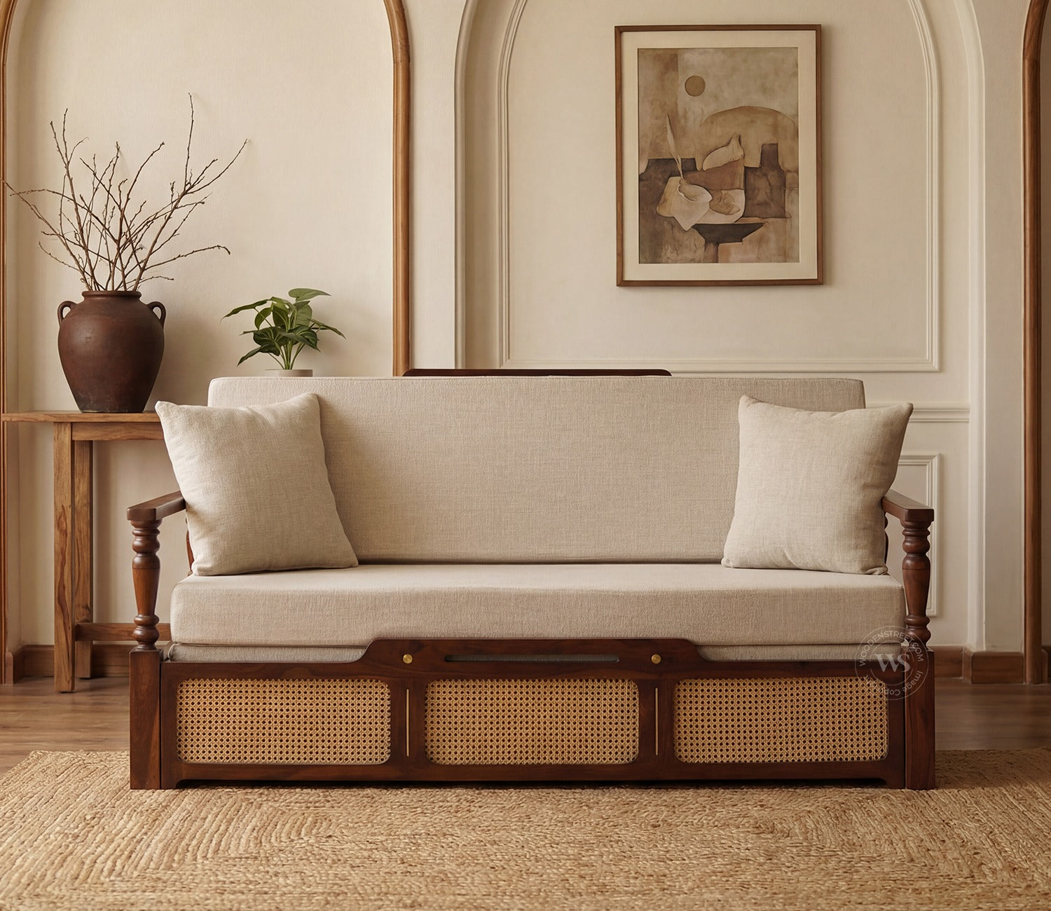 Ayaana Sheesham Wood 3 Seater Sofa Cum Bed with Cane Weaving | Opens to Double Bed (78x62) | Premium Upholstery | Sleeps 2 Adults (Teak Finish, Jade Ivory)