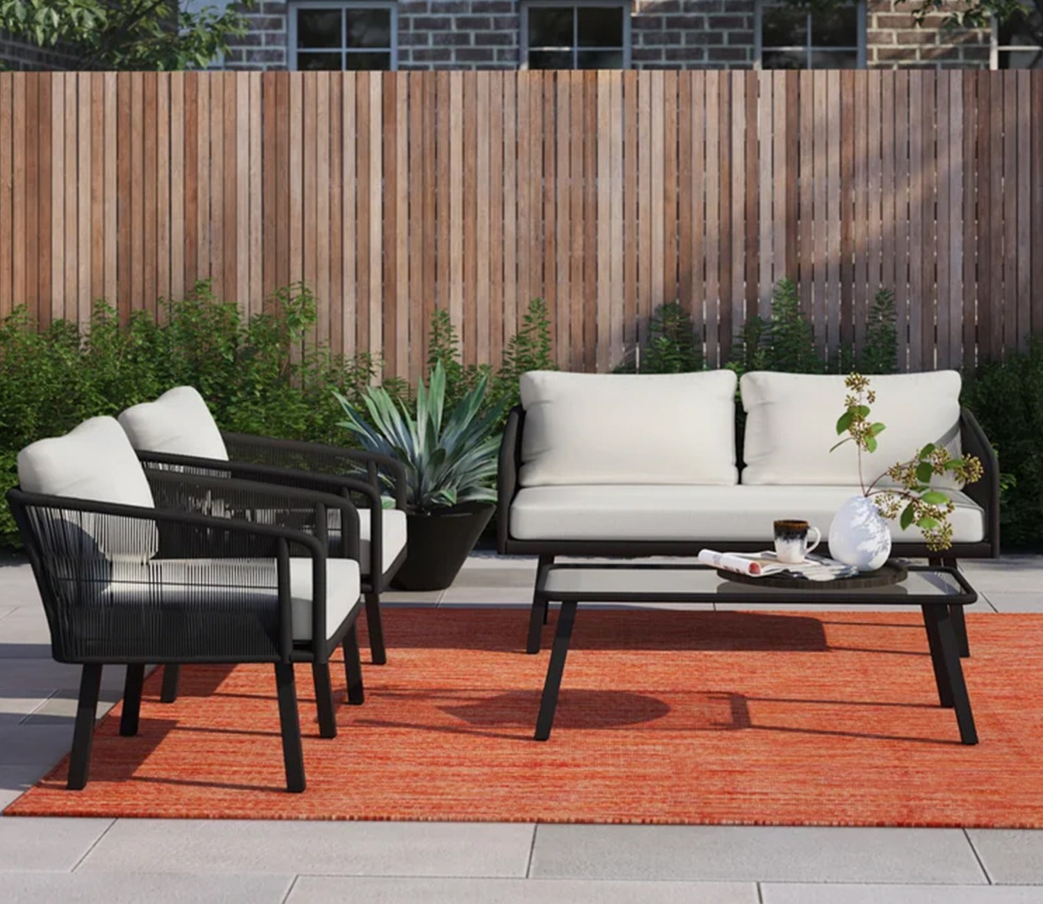 Black Rope 4 Seater With Table And Off-White Cushions Patio Set