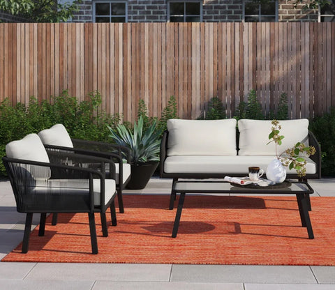 Black Rope 4 Seater With Table And Off-White Cushions Patio Set