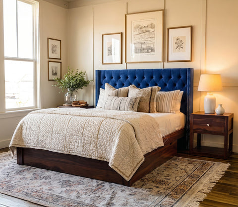 Drewno Sheesham Wood Upholstered Bed With Storage (Queen Size, Indigo Blue)