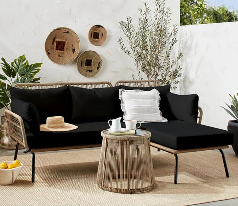 Beige Detachable L Shaped Rope Outdoor Sofa with One Table and Black Cushion Set