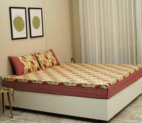 120 TC Floral Jaipuri Printed Cotton Double Bedsheet With 2 Pillow Cover