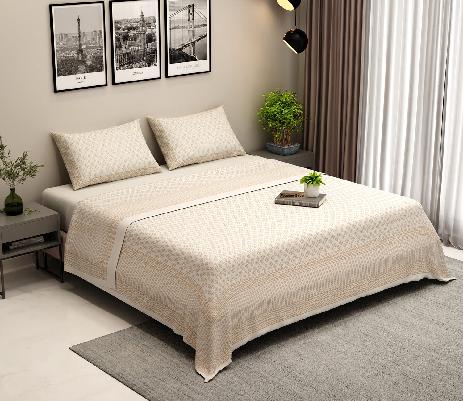 200 TC Double Bed Sheet - Alys Positional Percale Cotton Bedsheet King Size With 2 Pillow Covers