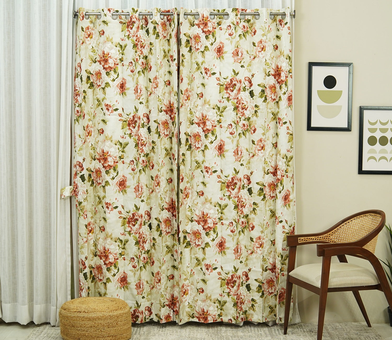 Bloom Floral Print Light-Filtering Door Curtains Set of 2 (Orange, 7 Feet)