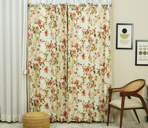 Bloom Floral Print Light-Filtering Door Curtains Set of 2 (Orange, 7 Feet)