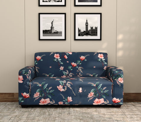 Flaubert Floral Printed Polyester Spandex 2 Seater Sofa Cover (Blue)