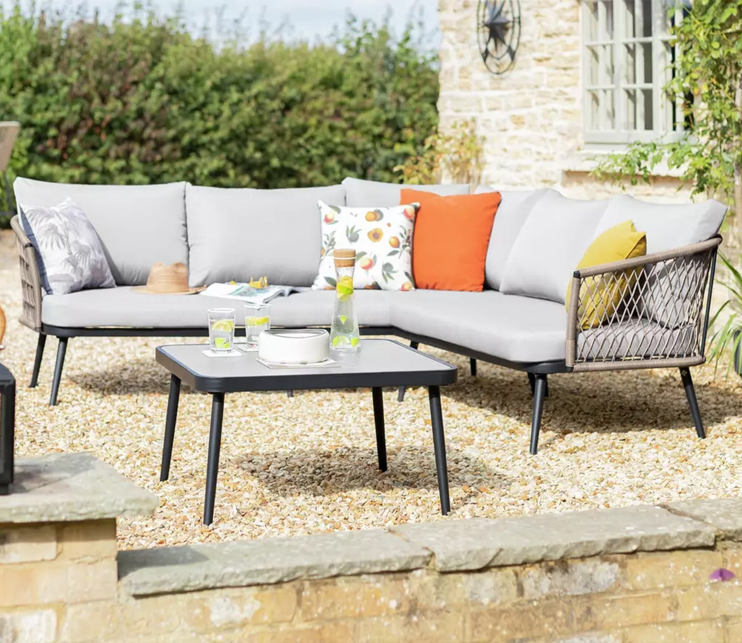 Dark Grey Rope L Shape Sofa Set With Table And Grey Cushions