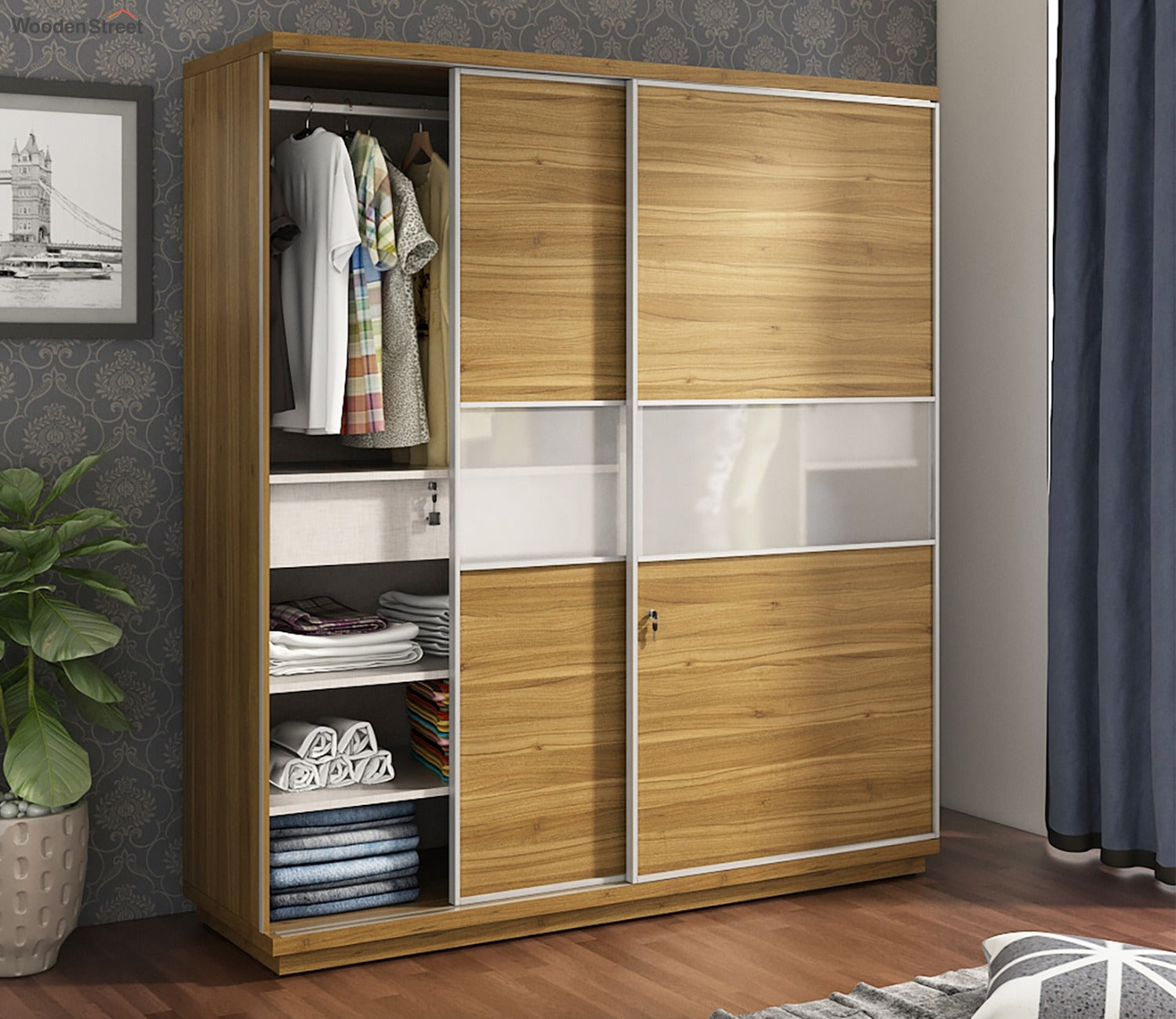 Kosmo Universal 2 Door Sliding Wardrobe (Exotic Teak Finish)