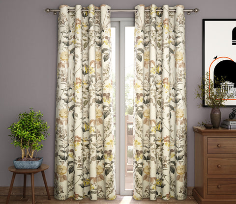 Leafy Floral Print Light-Filtering Door Curtains Set of 2 (Grey, 7 Feet)