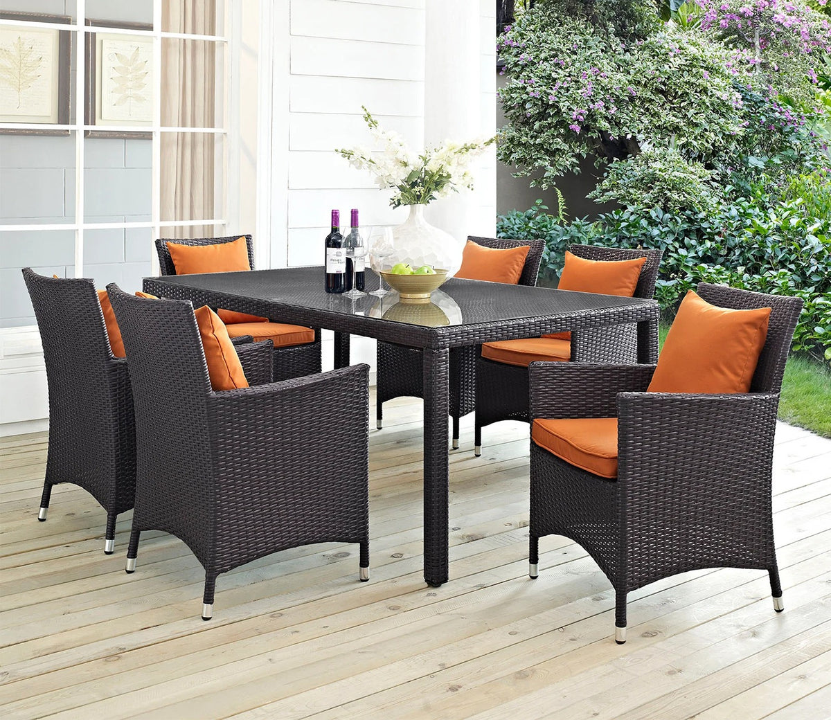 Black Rattan And Wicker Dinning Set With Orange Cushions