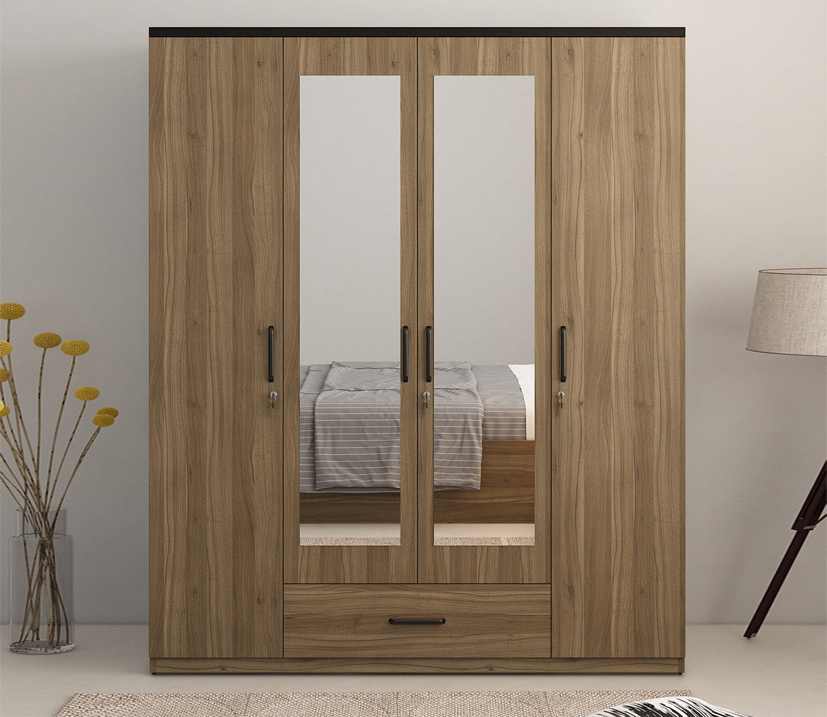 Kosmo Hover 4 Door Engineered Wood Wardrobe With Mirror