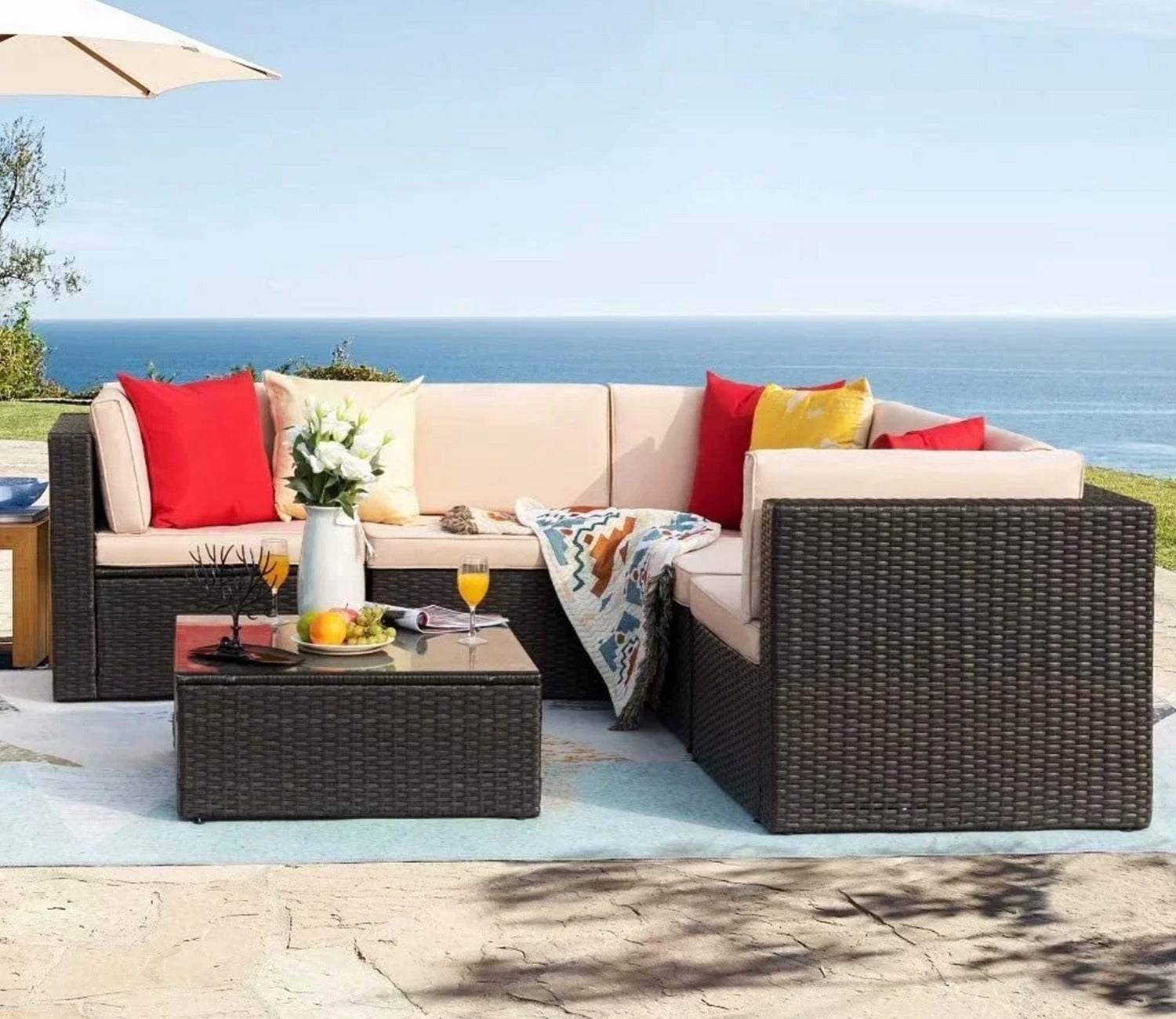 Dark Brown Rattan And Wicker L Shape Sofa Set With Table And Cream Cushions