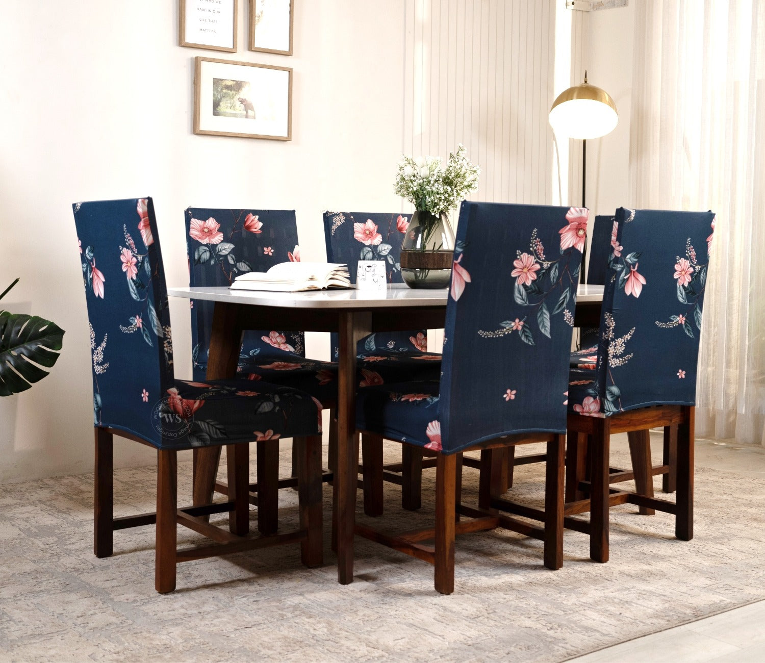 Flaubert Floral Printed Polyester Spandex 6 Piece Chair Cover (Blue)