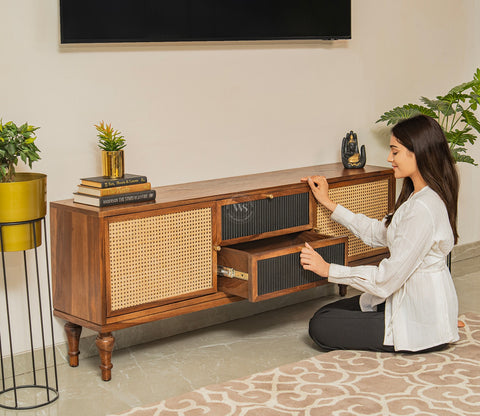 Murphy Premium Solid Wood TV Unit With Drawers, Cane & Brass Accents (Sheesham Wood, Teak Finish)