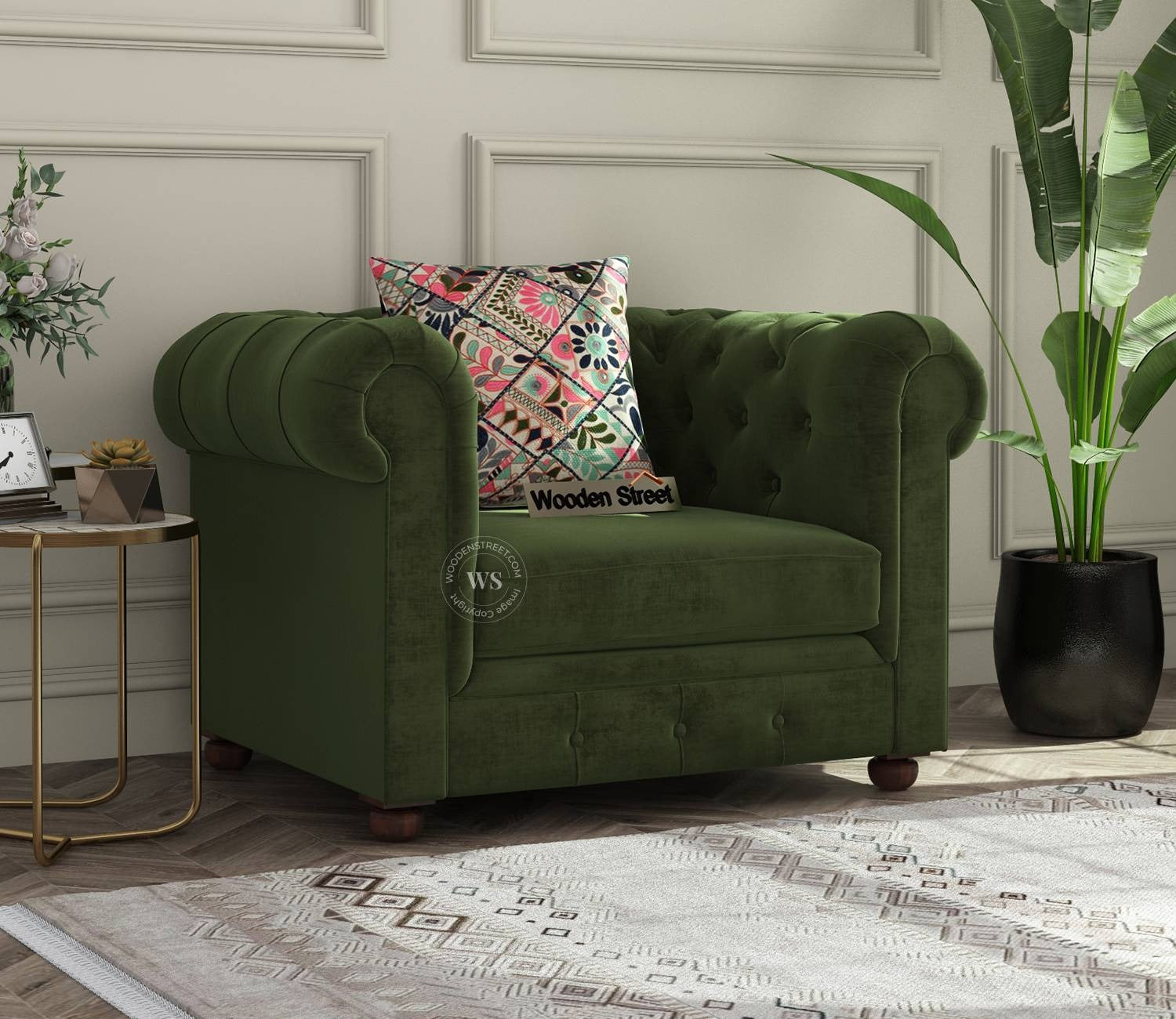 Henry 1 Seater Sofa (Velvet, Dark Olive Green)