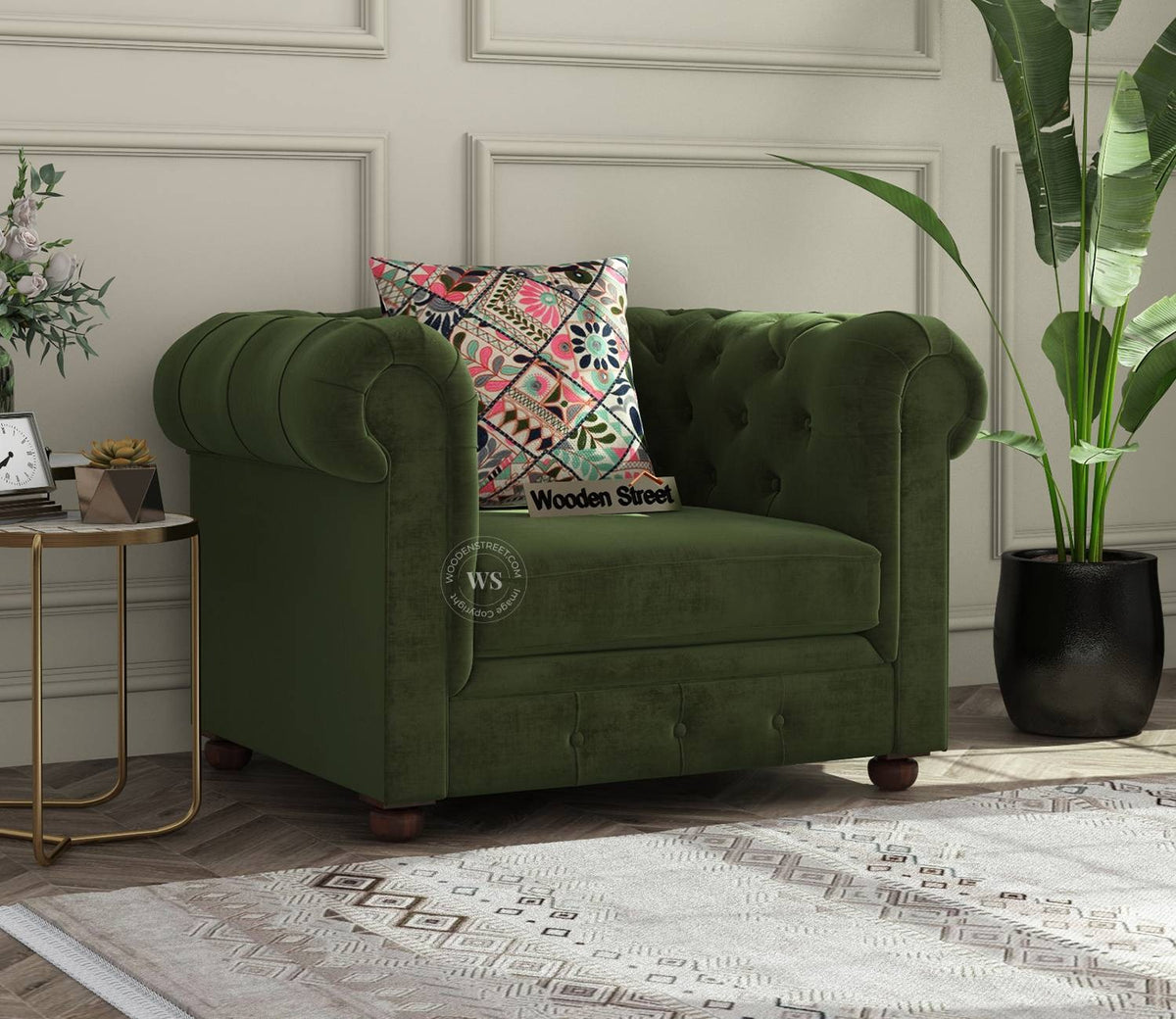 Henry 1 Seater Sofa (Velvet, Dark Olive Green)