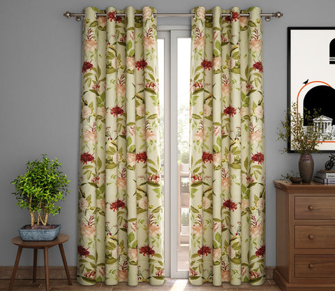 Bird Light-Filtering Door Curtains Set of 2 (Light Green, 7 Feet)