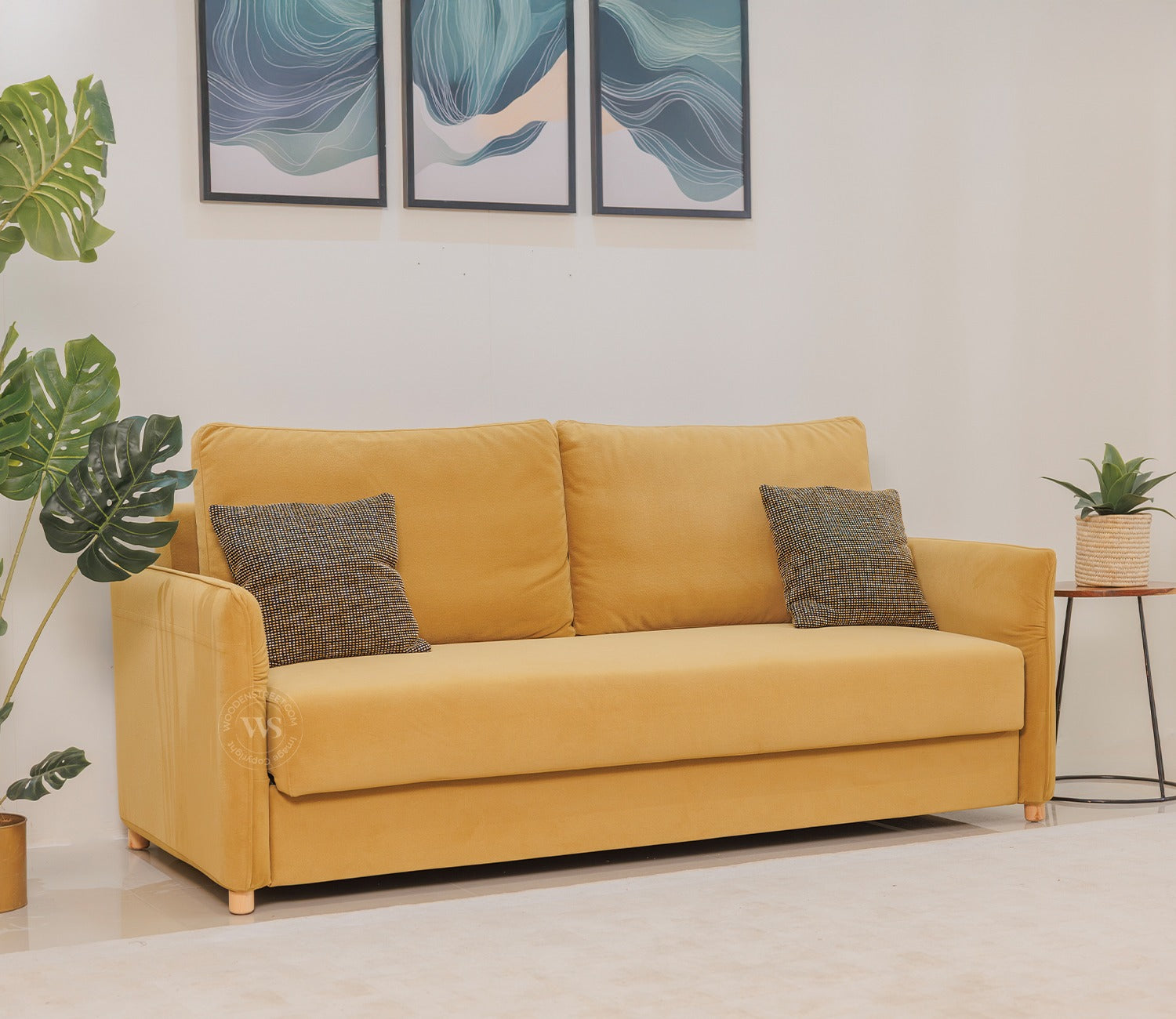 Saffra 3-Seater Sofa Cum Bed | Fold-Out Mechanism | Under-Seat Storage | Fabric Upholstery (Mustard)