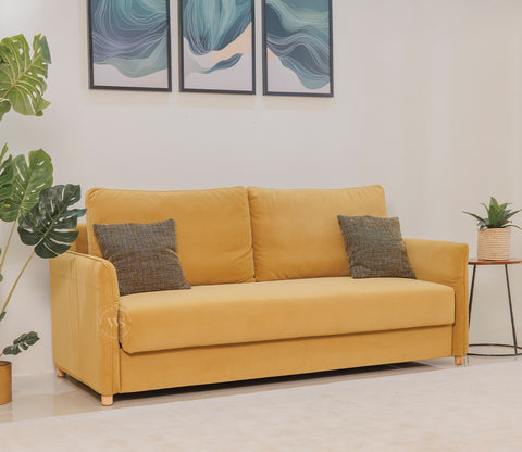Saffra 3-Seater Sofa Cum Bed | Fold-Out Mechanism | Under-Seat Storage | Fabric Upholstery (Mustard)