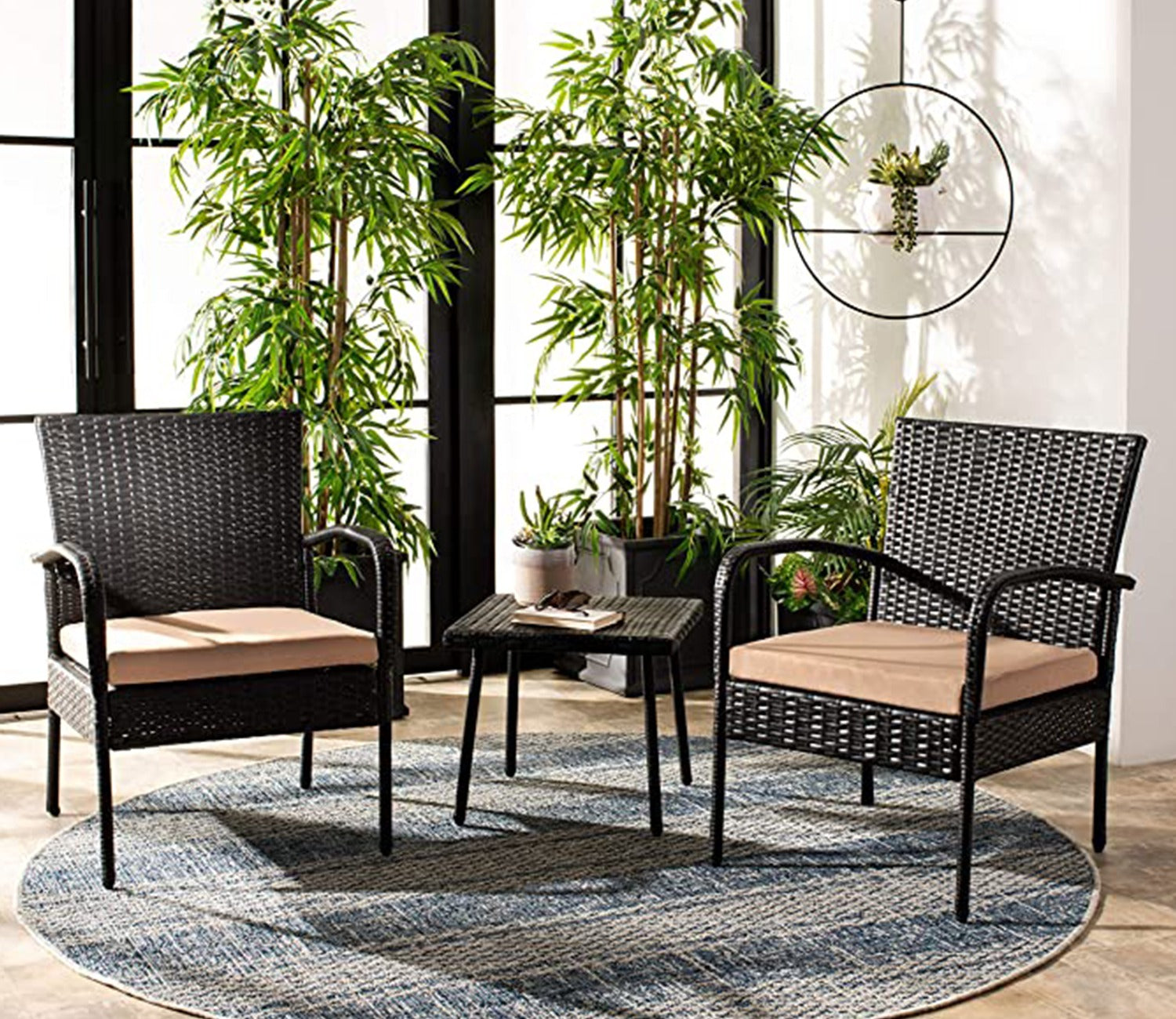 Dark Brown 2 Seater Outdoor Furniture Set With Cream Cushions