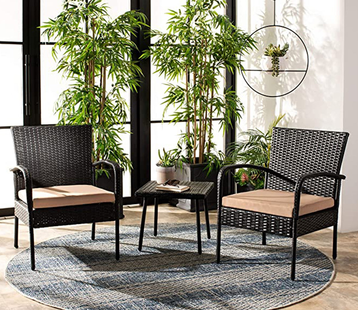 Dark Brown 2 Seater Outdoor Furniture Set With Cream Cushions