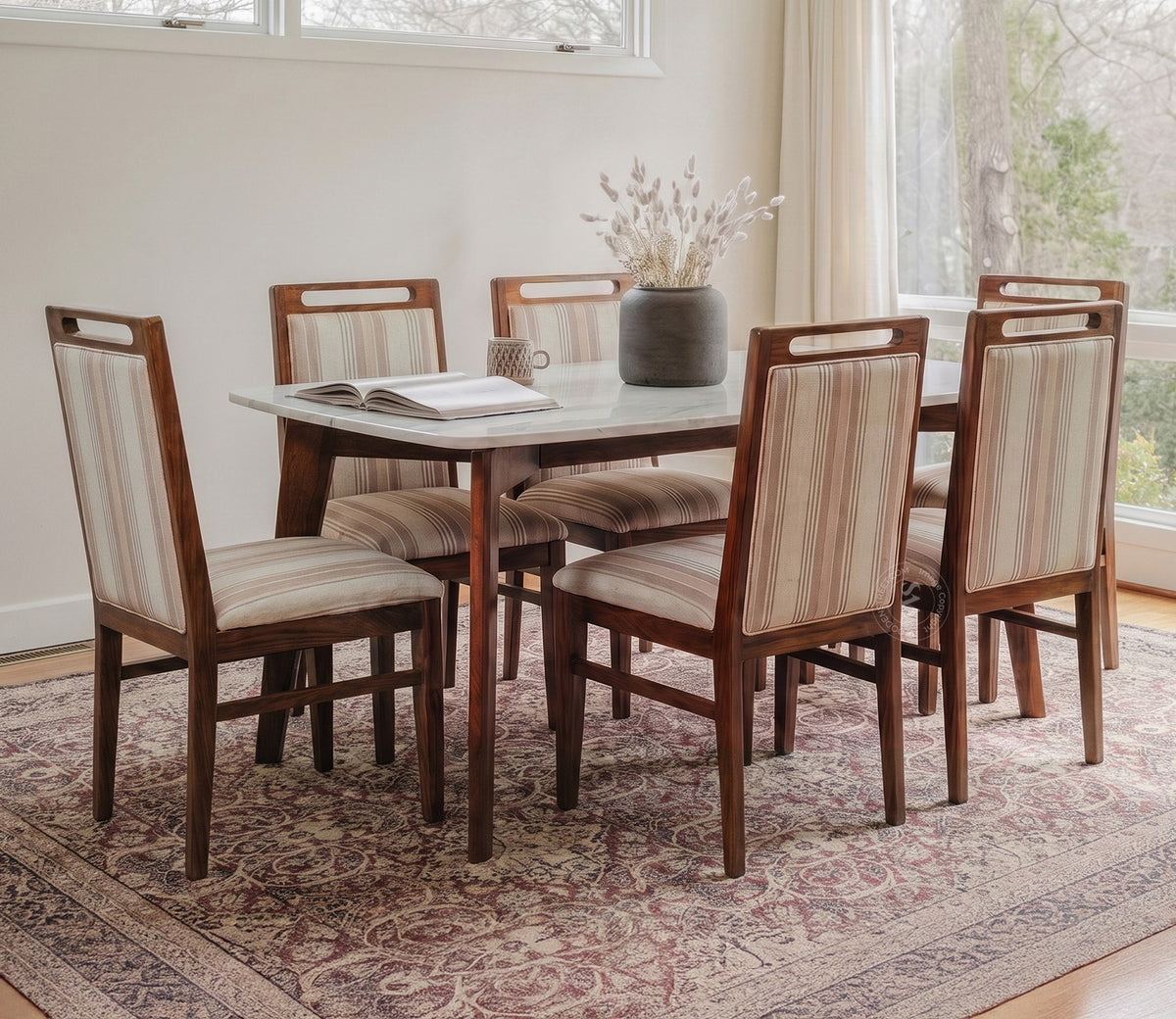 Hazel 6 Seater Sheesham Wood Dining Set with Valence Quartz Top Table and Hazel Chair (Teak Finish)