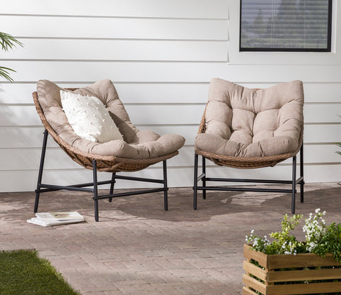 Beige Rattan And Wicker 2 Chair Set With Cream Cushion