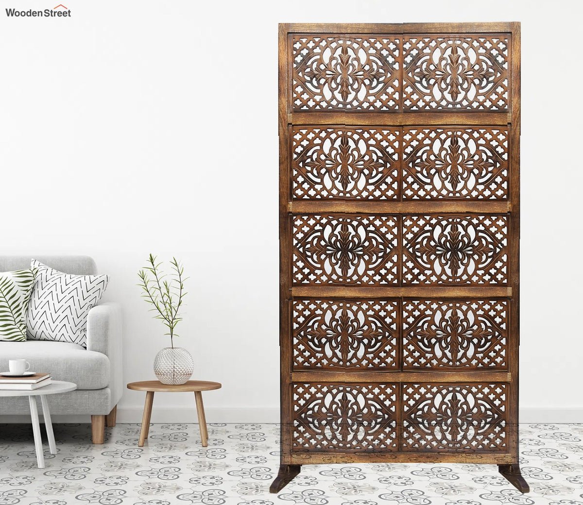 Ethan Floral Hand Carved Wooden Room Divider Single Panel With Stand