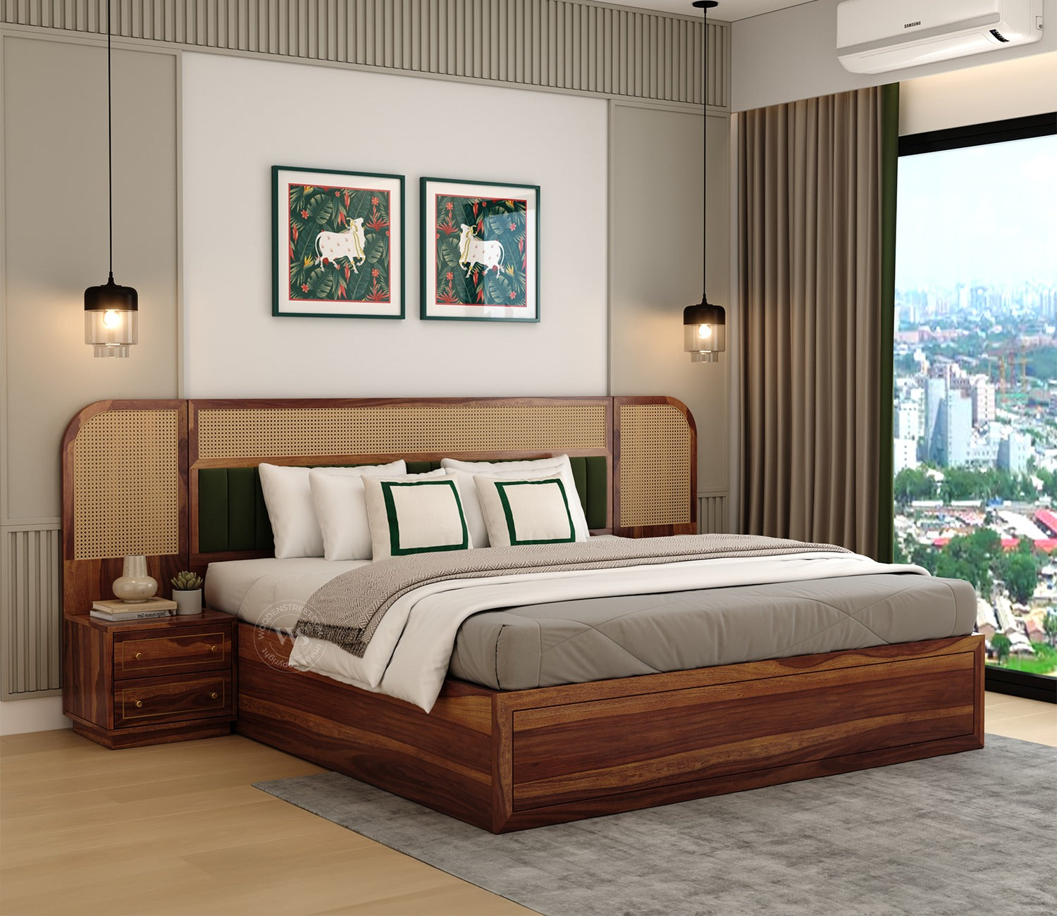 Serah Premium Sheesham Wood Bed with Cane & Velvet Headboard, Hydraulic Storage & 2 Modular Bedside Tables (Queen Size, Teak Finish)