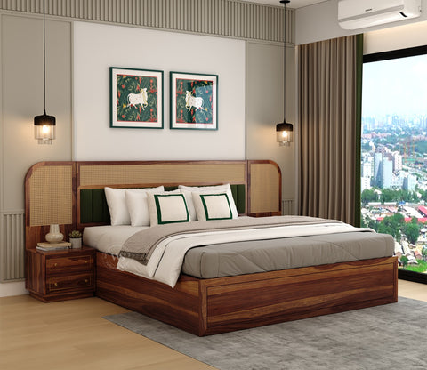 Serah Premium Sheesham Wood Bed with Cane & Velvet Headboard, Hydraulic Storage & 2 Modular Bedside Tables (Queen Size, Teak Finish)