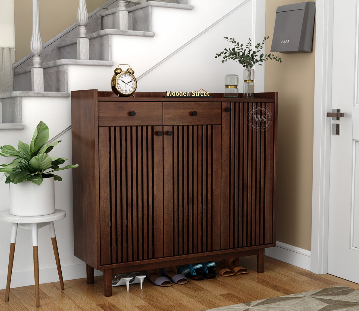 Gaitor Soild Wood Shoe Cabinet with Drawers & Slatted Doors (Mango Wood, Teak Finish)