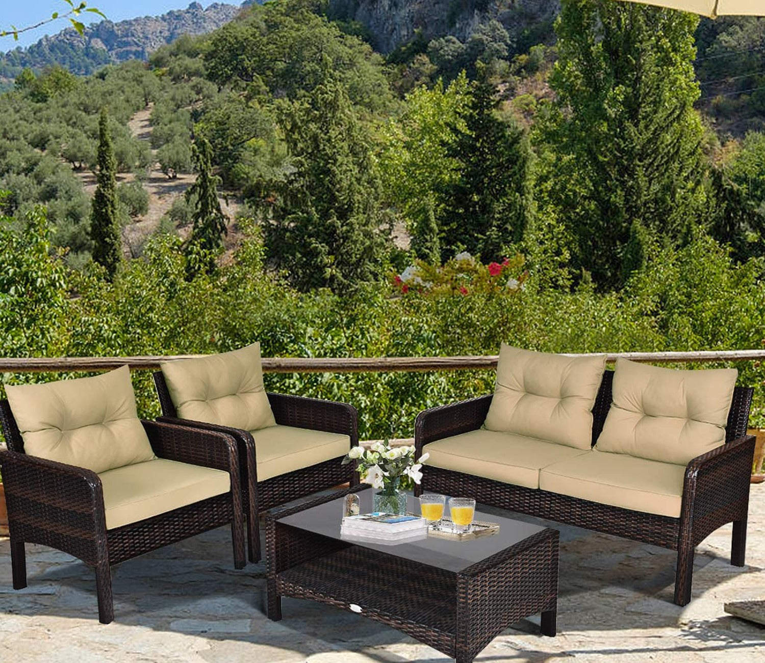 Dark Brown Rattan And Wicker Sofa Patio Set With Cream Cushions And Table