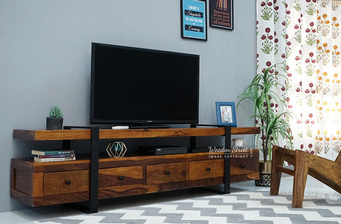 Solari Sheesham Wood Tv Unit with Five Pull Out Drawers (Honey Finish)