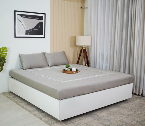 Square Embroidery 300 TC Flat Pure Cotton King Size Bedsheet With 2 Pillow Covers (Grey)
