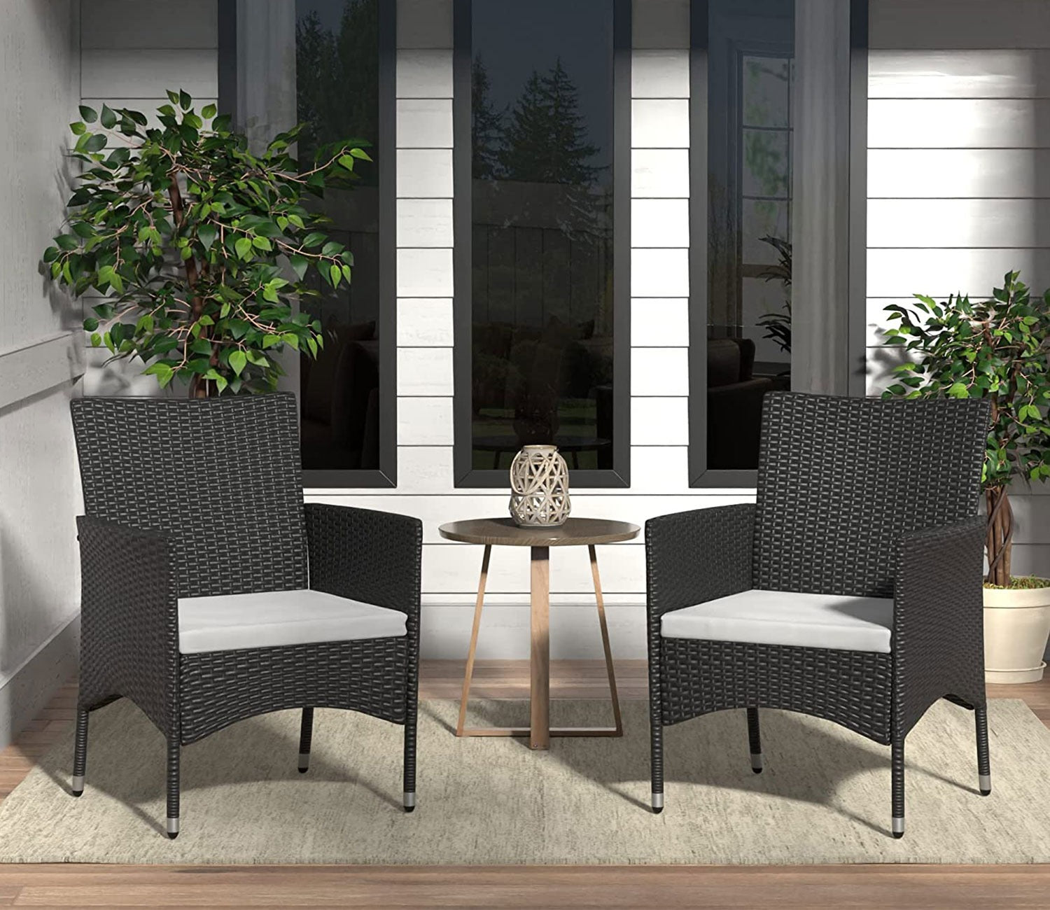 Black Rattan And Wicker Patio Chair with White Cushions (Set Of 2)