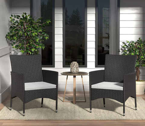 Black Rattan And Wicker Patio Chair with White Cushions (Set Of 2)