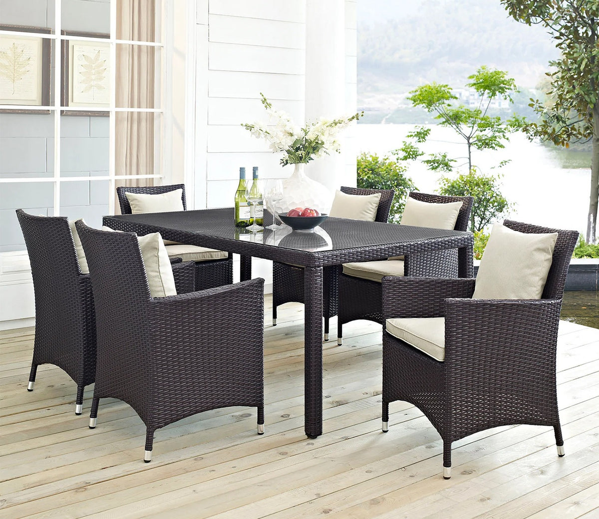 Black Rattan And Wicker Outdoor Dinning Set With Off White Cushions